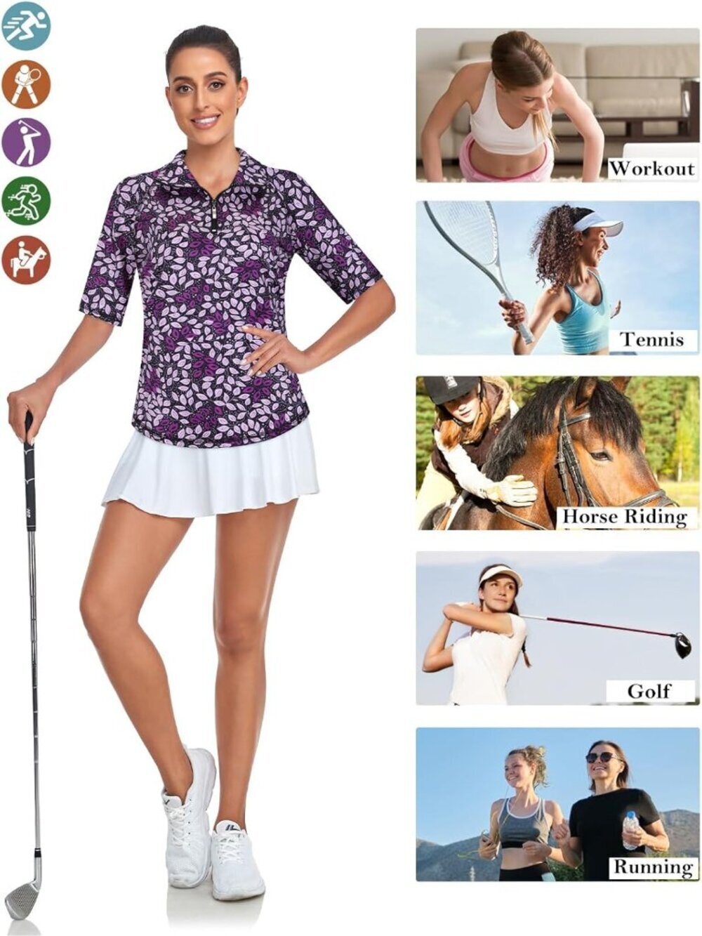 Women Black Purple Leaf Golf Polo Quick Dry Half Sleeve 1/4 Zip Tennis Top M-3XL - Picture 4 of 5